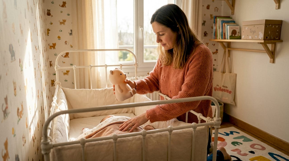 Les mains d’une maman qui tient délicatement une veilleuse dans la chambre de son bébé