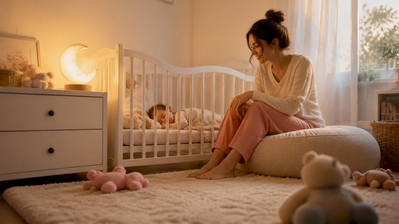 Une chambre de bébé équipée d’une veilleuse diffusant une lumière ambrée toute douce, idéale pour accompagner ses nuits en toute sérénité.