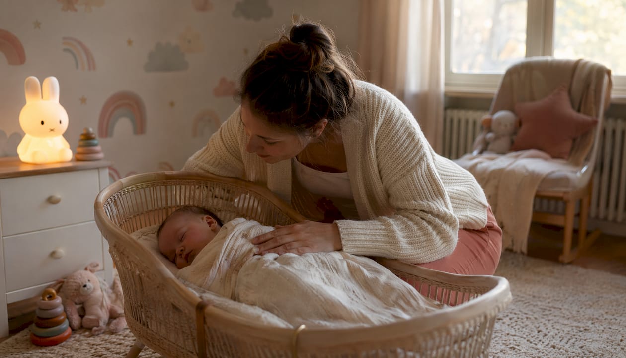 Une maman veille à installer son bébé en toute sécurité dans le lit cododo, dans la chambre.