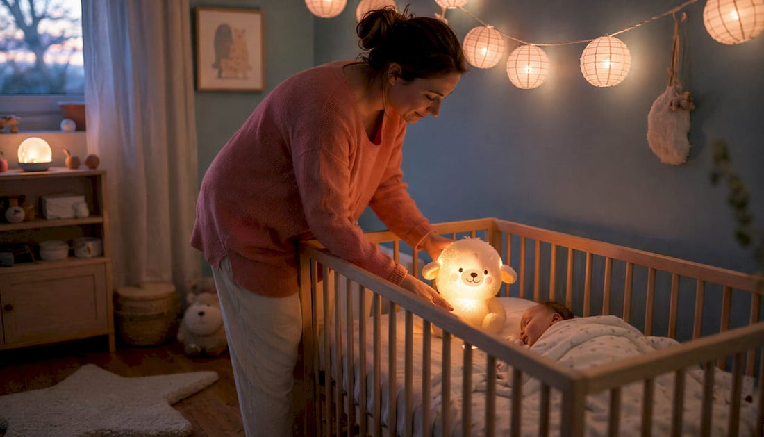 Une peluche lumineuse posée près du lit de bébé pendant son sommeil
