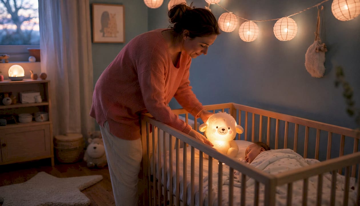 Une peluche lumineuse posée près du lit de bébé pendant son sommeil