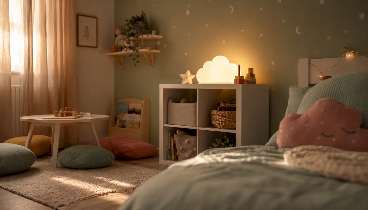 Une petite lampe d’ambiance posée sur la table de nuit dans une chambre partagée, idéale pour créer une atmosphère chaleureuse sans gêner les autres.