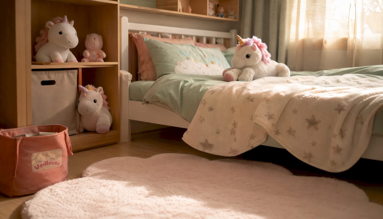 Une chambre de petite fille décorée sur le thème licorne et étoiles, tout en douceur.