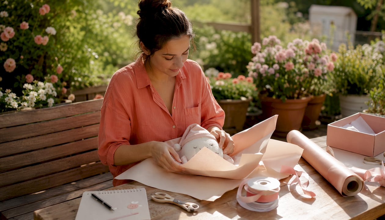 Une femme prépare une veilleuse pour bébé, soigneusement emballée comme un joli cadeau.