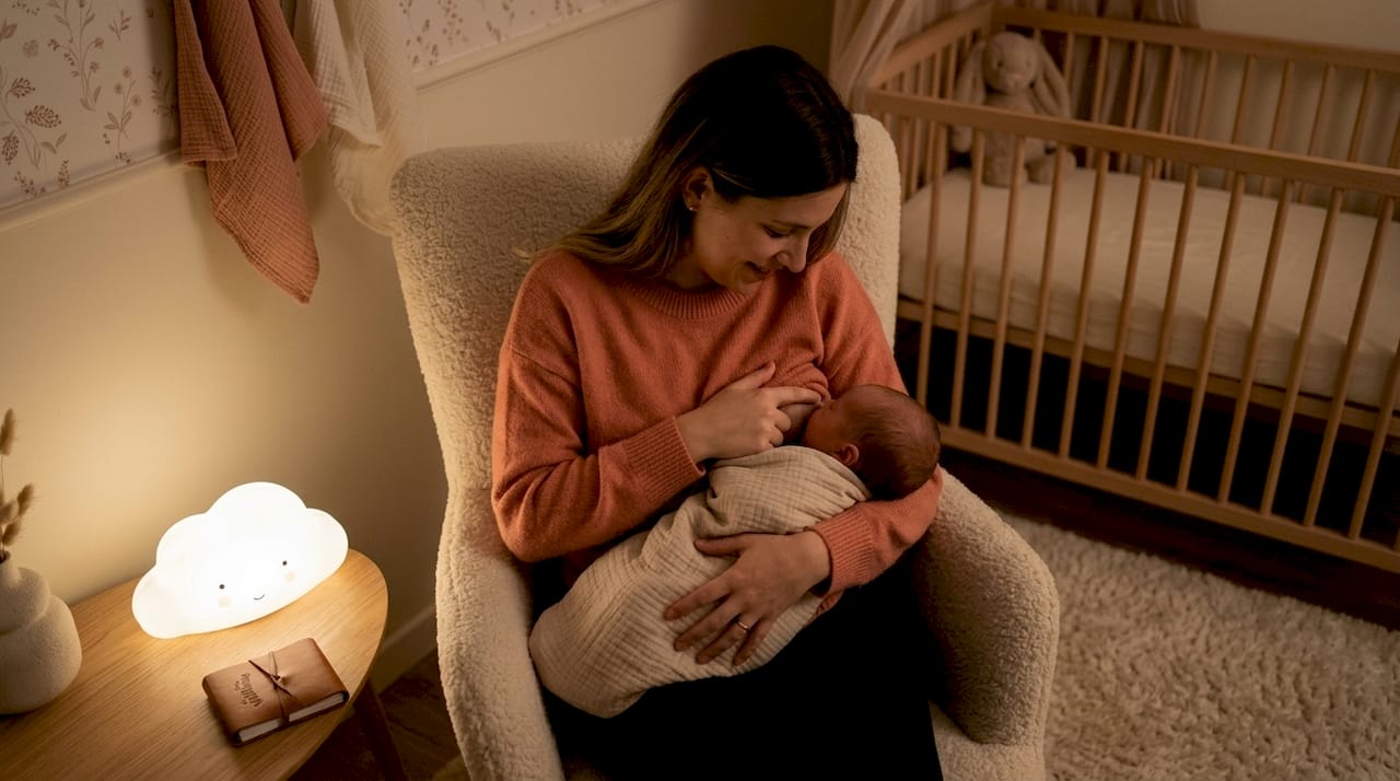 Une maman allaite son bébé dans une douce lumière ambrée, créant une ambiance chaleureuse et apaisante.