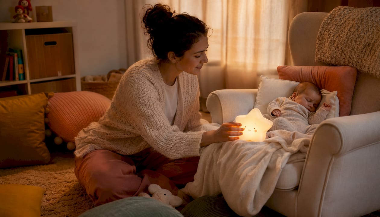 Une maman dépose doucement un jouet lumineux près de son bébé qui dort paisiblement.