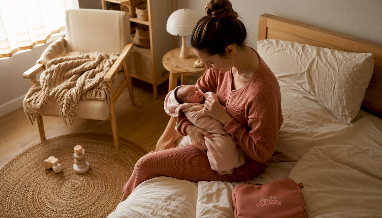 Une maman s'occupe de son bébé, le préparant doucement pour la nuit dans sa chambre.