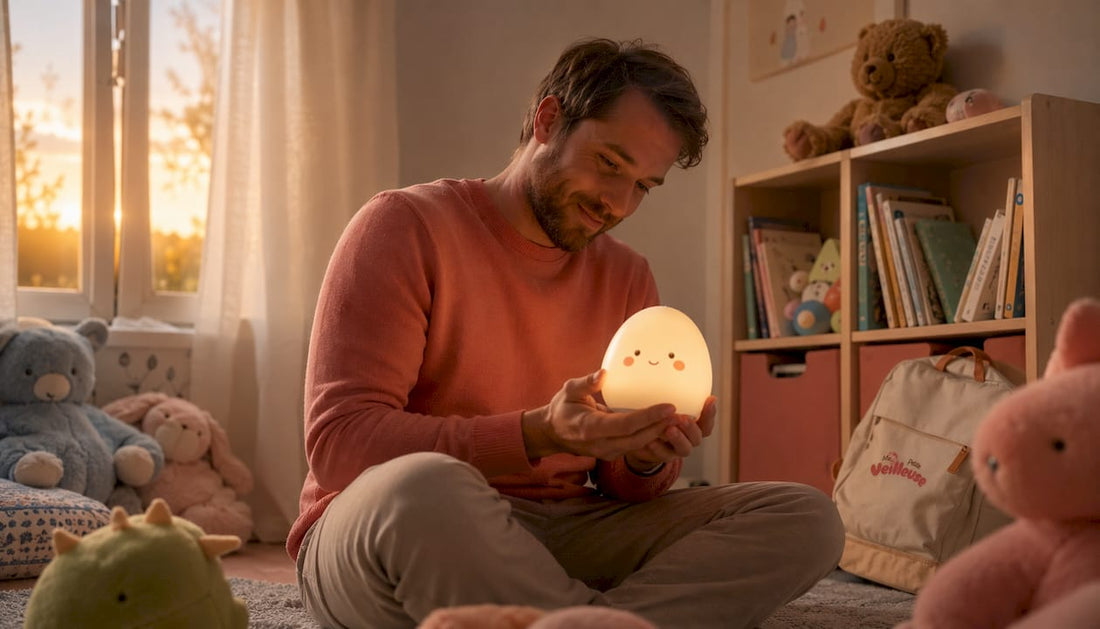 Un papa en train de choisir une veilleuse pour son enfant dans une chambre douillette
