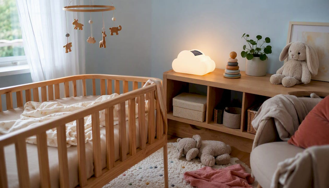 Une veilleuse solaire diffuse une lumière douce et rassurante dans un coin de la chambre de bébé.