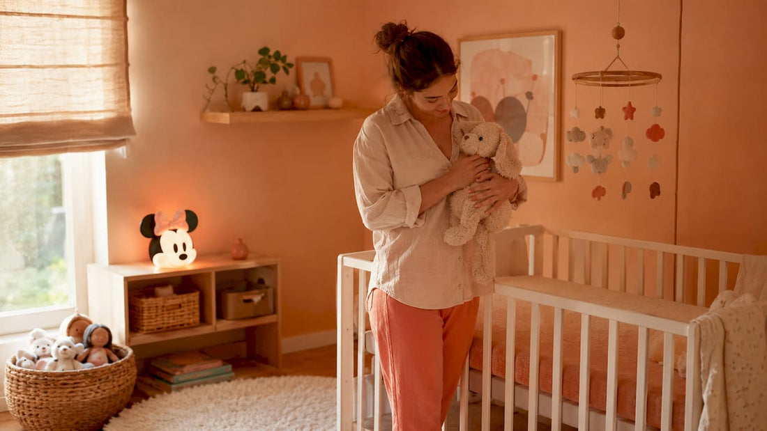 Dans la chambre de bébé, une veilleuse Minnie diffuse une douce lumière tandis que la maman veille tendrement sur son enfant.