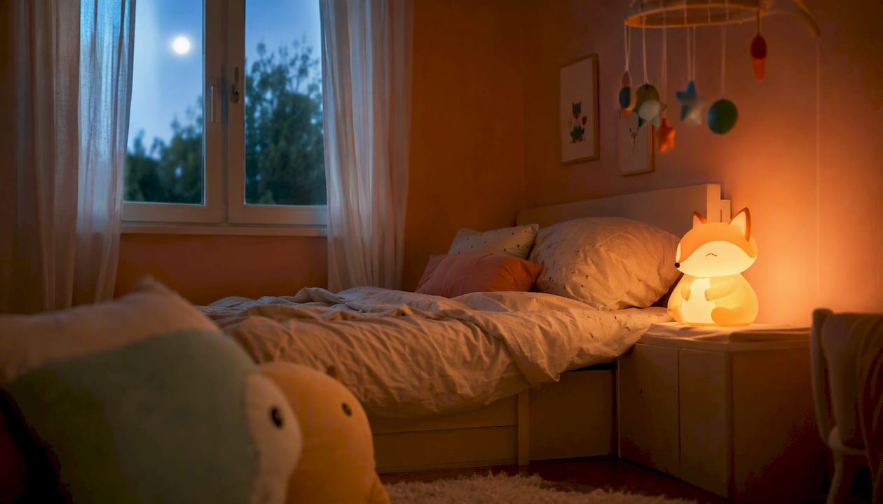 Une chambre d’enfant joliment décorée, agrémentée d’une veilleuse en forme de baleine toute douce en silicone.