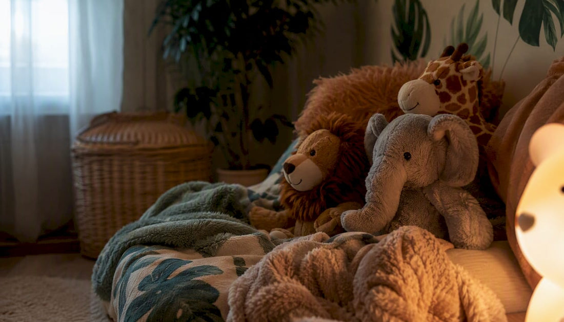 Petit coin douillet pour bébé, agrémenté d'une veilleuse jungle qui diffuse une lumière douce et apaisante.