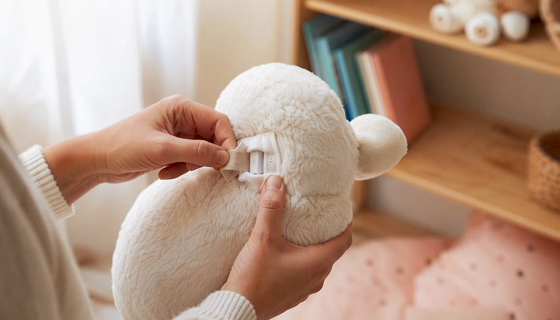 Un parent examine la veilleuse en peluche pour vérifier comment la nettoyer.
