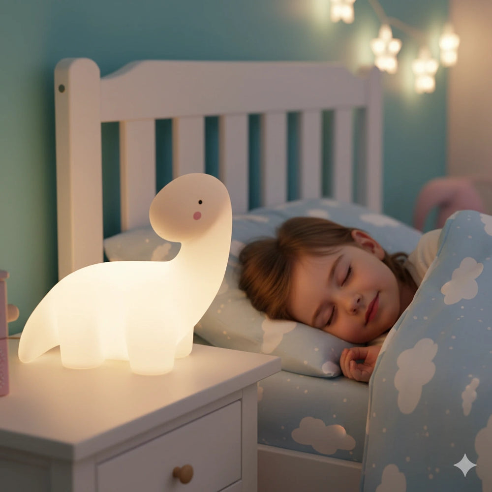 Veilleuse bébé dinosaure long cou lumineuse sur table de chevet, enfant endormi dans une chambre cosy. Idéal pour un sommeil paisible.