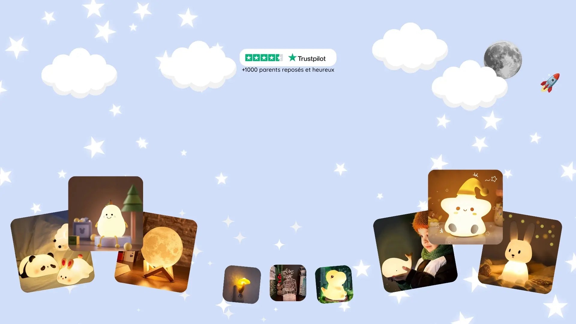Bannière veilleuse bébé avec lune et étoiles diffusant une douce lumière pour un sommeil paisible et rassurant.