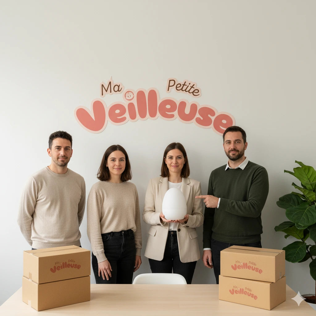Photo de l'équipe Ma Petite Veilleuse, experts en veilleuse bébé, présentant une de leurs veilleuses innovantes pour le sommeil des enfants. Logo "Ma Petite Veilleuse" en arrière-plan.