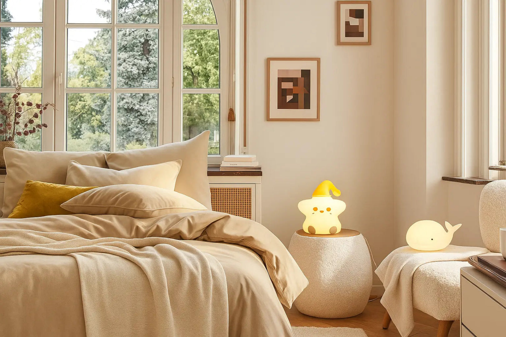 Veilleuses bébé dans une chambre cosy, lumière douce pour apaiser le sommeil des enfants, ambiance chaleureuse et sécurisée avec une veilleuse étoile et une veilleuse baleine