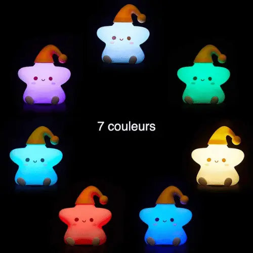 Lampe veilleuse étoile LED changeant 7 couleurs, design kawaii bonnet jaune, idéale chambre bébé
