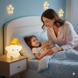 Veilleuse bébé étoile sur table de chevet, maman bordant son enfant, créant une atmosphère sécurisante et chaleureuse.