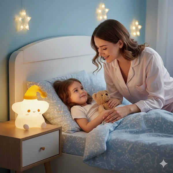 Veilleuse bébé étoile sur table de chevet, maman bordant son enfant, créant une atmosphère sécurisante et chaleureuse.