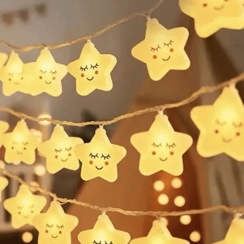 Veilleuse étoile souriante avec guirlande lumineuse blanche, idéale pour chambre bébé et veilleuse enfant apaisante