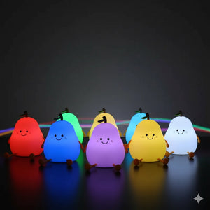 Veilleuse LED poire 7 couleurs avec mode automatique, offrant une variété de lumières apaisantes pour une ambiance magique dans la chambre d'enfant.