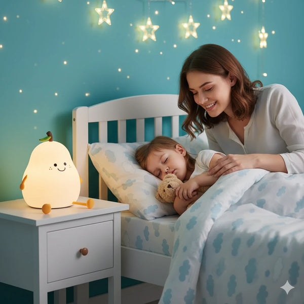 Veilleuse LED poire sur table de chevet, maman bordant son enfant, créant une atmosphère sécurisante et familiale pour le coucher.