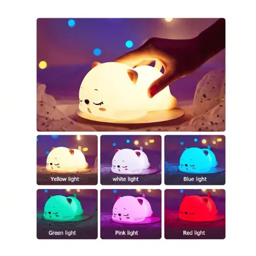 Veilleuse tactile LED chat en silicone 7 couleurs, lumière relaxante et sécurisée pour chambre bébé et enfant